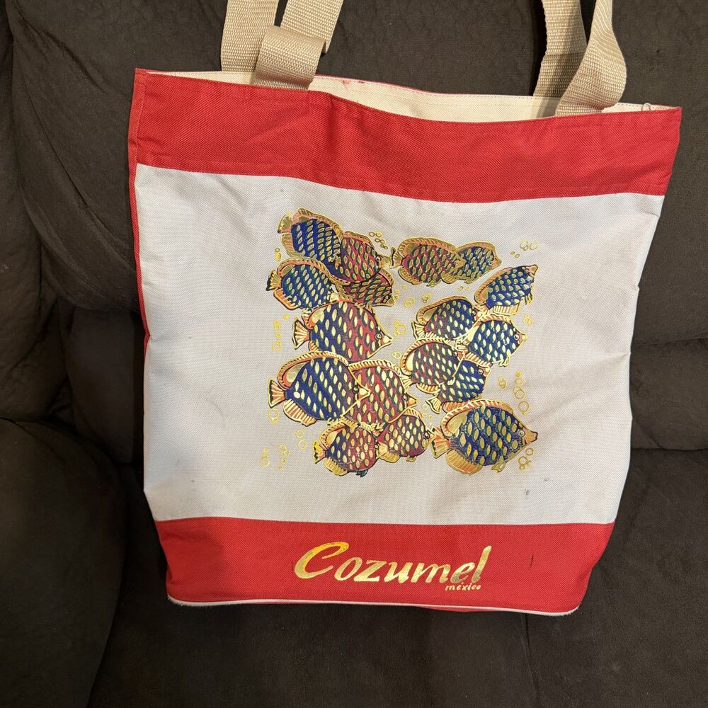 Cozumel Mexico Tropical Fish Tote Bag Red White Beach Travel Souvenir Bag